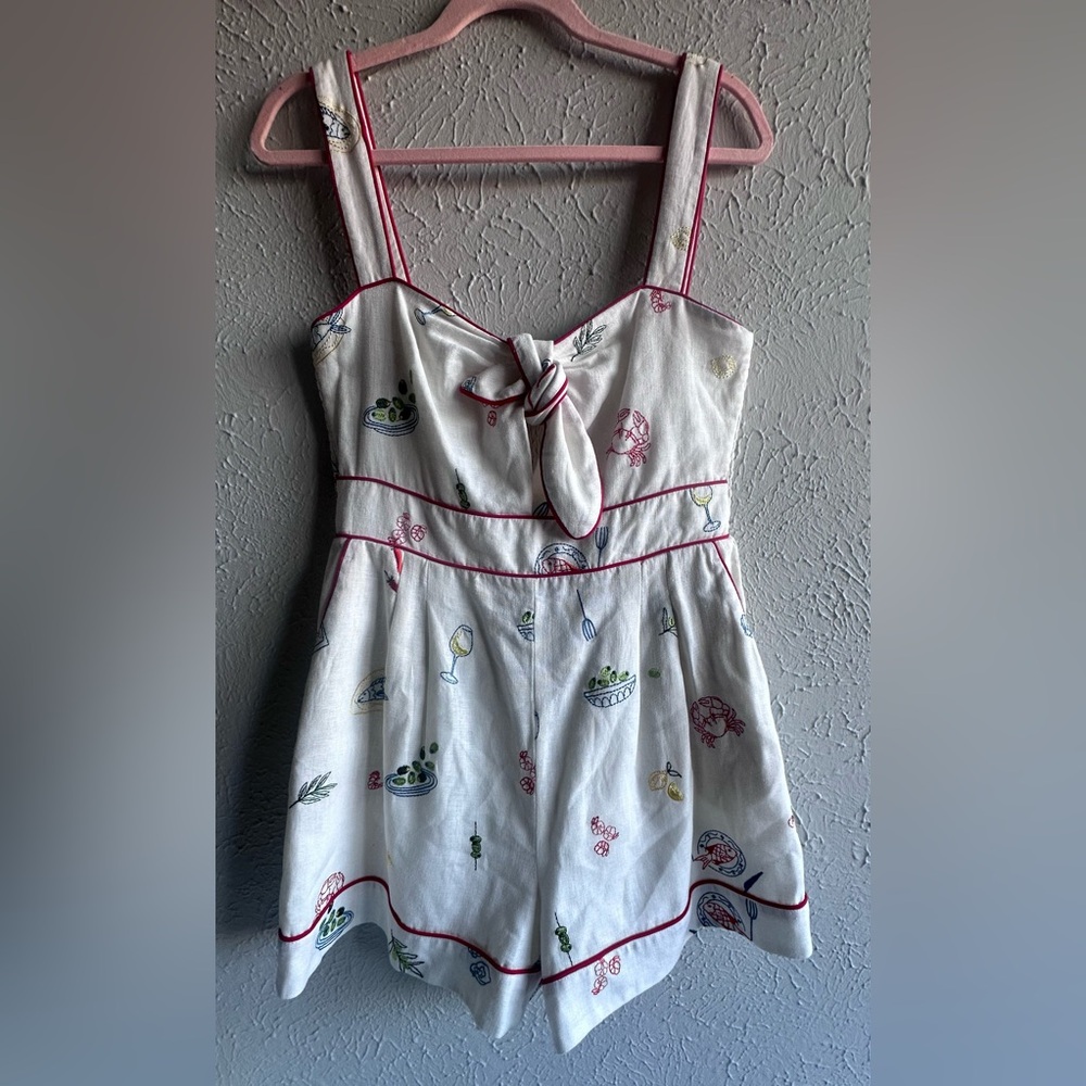 Caroline Constas Embroidered Linen Romper - Mediterranean Food Print - Size M. - Picture 15 of 17